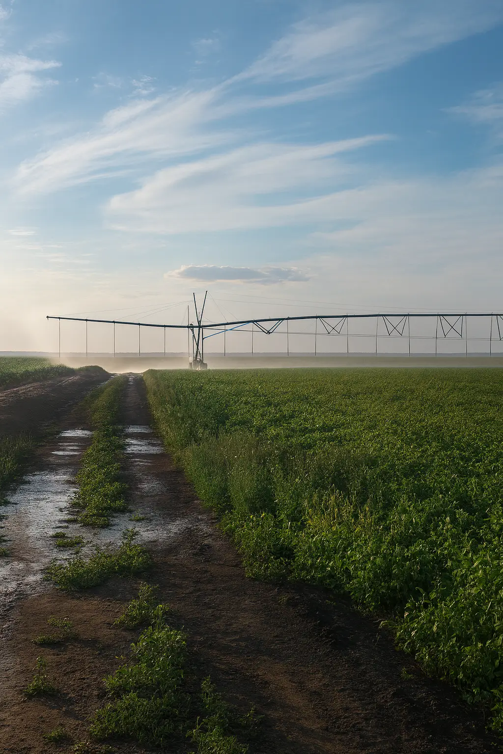 Команда «Ақназар-Жайық» проверяет систему дождевального орошения на соевых полях